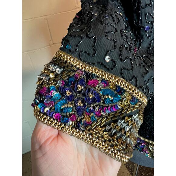 jacket beaded sequins short sleeve 100% silk black purple gold blue glam - Picture 5 of 13